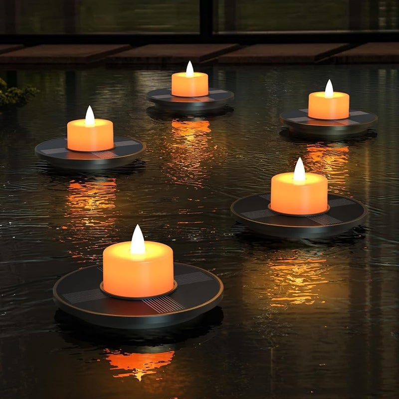 UUFFOO Small Solar Floating Pool Lights 5-Pack, 2 Inch Solar-Powered Floating Candle Tealights for Pools, Pond, Garden & Patio, Auto On/Off, Flickering Ambiance for Outdoor Decor - Image 1